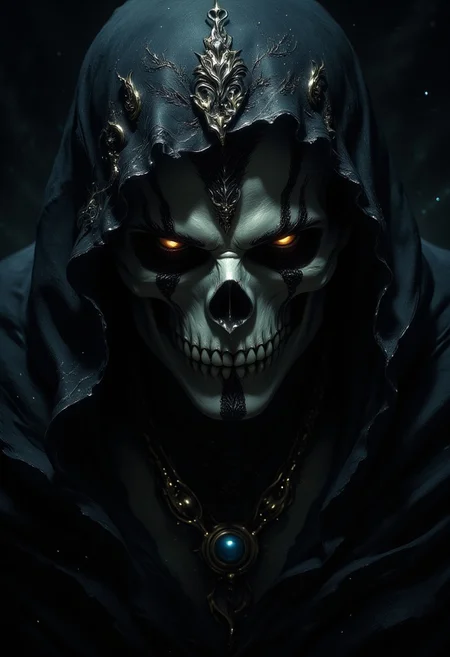 masterpiece, high detail, ArsMJStyle, dnddarkestfantasy, masterpiece, closeup portrait of death, skull with faintly glowing eyes, black hooded robes, scythe, chiascuro, dark background. highest definition, HD32K, wallpaper, hyperdetailed, concept art, extreme closeup