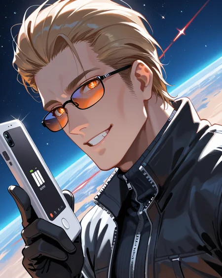 PonyScores7, source_anime, ah1, best quality, (masterpiece:1.4), (high quality:1.4), sharp focus, 4k, absurd resolution, <lora:albertwesker-guy-PONYv1:0.8> albertwesker, albert wesker, 1boy,  blonde, black gloves, (sunglasses:1.3), belt, black coat, black pants, looking at viewer, toned, athletic, fit, slicked back hair, black turtleneck, zipper, mature male, black boots, (space explorer, a daring adventurer with a sleek spacesuit and a trusty laser pistol exploring uncharted planets with a fearless spirit and a heart full of curiosity), (Mobile Phone Store), bad-hands-5, (Smiling face with heart-shaped eyes), <lora:xl_more_art-full_v1:0.2>, <lora:shinyskin2:0.2> glistening skin, <lora:aesthetic_anime_v1s:0.2>, <lora:Expressive_H:0.2> Expressiveh, <lora:hairdetailpxl:0.2> hairdetailpxl, <lora:detailxl:0.2> detailxl, (Dutch Angle (from the side) view medium Close shot (focus on head)), (focused, intense glare), slit pupils, short hair, (reddish orange eyes), best quality, amazing quality, best aesthetic, absurdres, <lora:expressive eyes:0.2> expressive eyes, <lora:eyedetailpxl:0.2> eyedetailpxl, illustration, Volumetric_Lighting, ultra-detailed, very aesthetic, intricate details, 8k, masterpiece, best_quality, (angular face, sharp_featured face), <lora:Eyes_High_Definition:0.4> EyesHD,