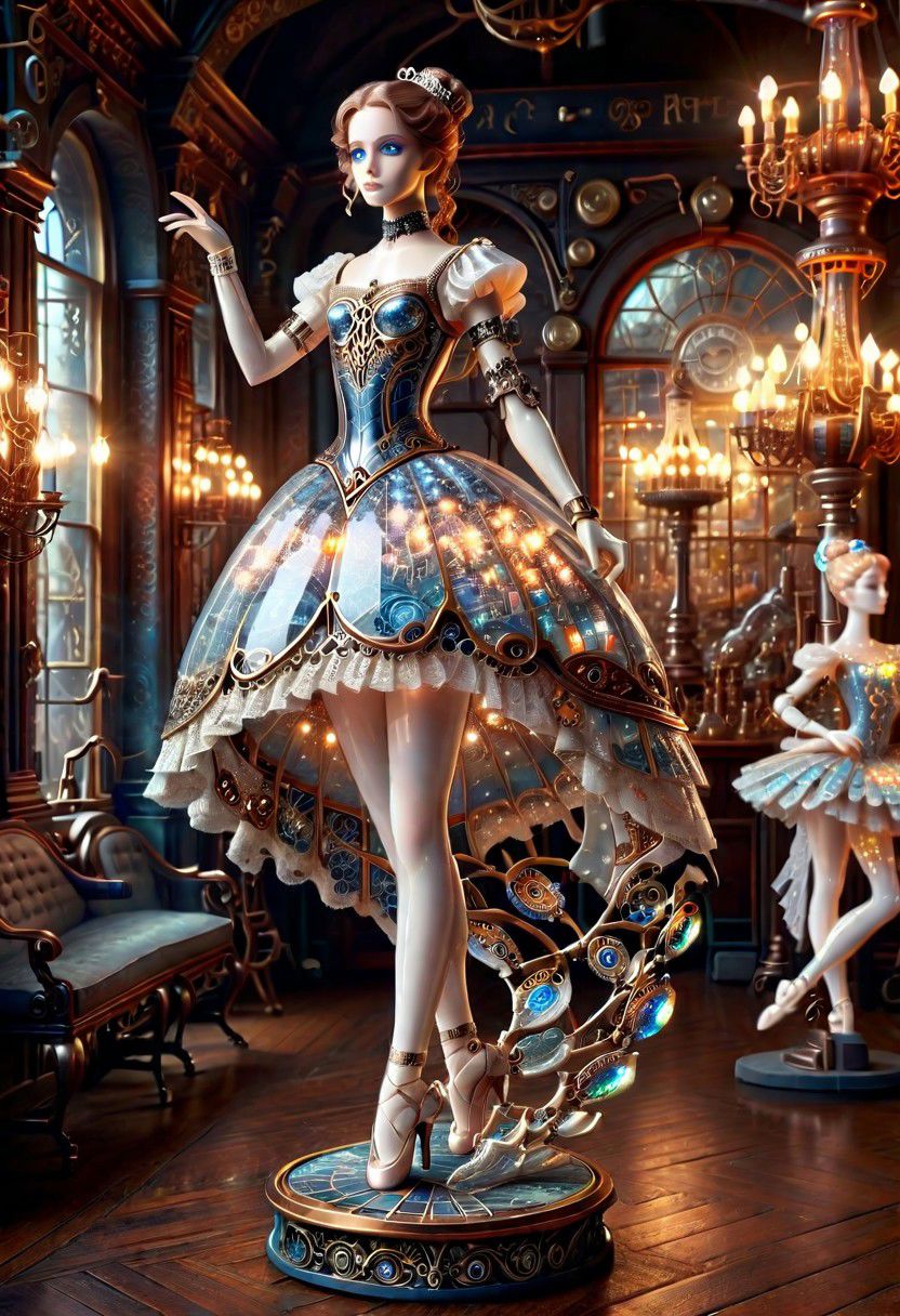 dreamscape A exquisite and breathtaking painting captures a delicate figurine, a porcelain ballerina, beautiful woman. The ((full-body standing ))figure appears to be suspended on a glowing pedestal, her light sparkling eyes seemingly alive with energy. Her intricate armor is composed of scaly gelatinous mosaic parts and delicate mechanical components that shine like lights in the dark. An old steampunk toy shop in the background, its dusty texture adding a sense of nostalgia and age to the scene. it showcases the beauty and complexity of steampunk aesthetics like never before. vibrant colors, style of Piotr Foksowicz and Andrew Ferez, embedding:SimplePositiveXLv2, . surreal, ethereal, dreamy, mysterious, fantasy, highly detailed
