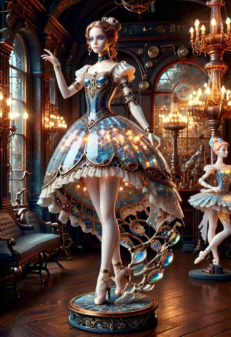 dreamscape A exquisite and breathtaking painting captures a delicate figurine, a porcelain ballerina, beautiful woman. The ((full-body standing ))figure appears to be suspended on a glowing pedestal, her light sparkling eyes seemingly alive with energy. Her intricate armor is composed of scaly gelatinous mosaic parts and delicate mechanical components that shine like lights in the dark. An old steampunk toy shop in the background, its dusty texture adding a sense of nostalgia and age to the scene. it showcases the beauty and complexity of steampunk aesthetics like never before. vibrant colors, style of Piotr Foksowicz and Andrew Ferez, embedding:SimplePositiveXLv2, . surreal, ethereal, dreamy, mysterious, fantasy, highly detailed