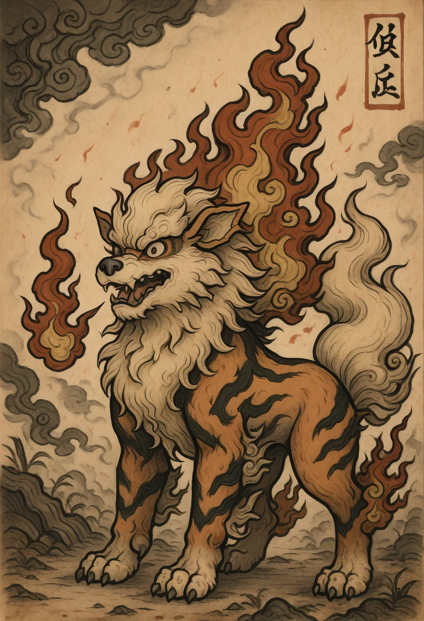 masterpiece, best quality,     y0k4i, smoke, fire, Arcanine,   <lora:YokaiPokedex_IXL:1.0>,