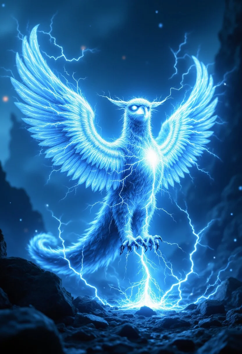 An epic lightning-infused gryphon stands regally in an ethereal, mystical landscape, its majestic form shimmering with swirling, electrical energy that crackles and shifts in hues of vibrant blue and shimmering silver. Its feathers and fur are charged with streams of pure lightning power, glowing softly and interspersed with bursts of dazzling sparks. Its massive wings, a blend of eagle and stormy essence, are translucent and etched with glowing silver runes that flicker and shift, leaving trails of crackling lightning symbols and cascading arcs of electric light as they extend wide. The gryphon's sharp eyes blaze with a piercing brilliance, like twin bolts of lightning imbued with celestial energy, and its talons and paws leave glowing arcs of silver electricity on the ground beneath, which fade into a soft, shimmering glow. The surrounding environment is alive with the gryphon’s storm-charged aura, with floating, glowing crystals and swirling, cobalt-hued mists illuminated by flashes of lightning. This mythical creature exudes raw power, elegance, and a transcendent energy, as though it were born from the very essence of the stormy skies