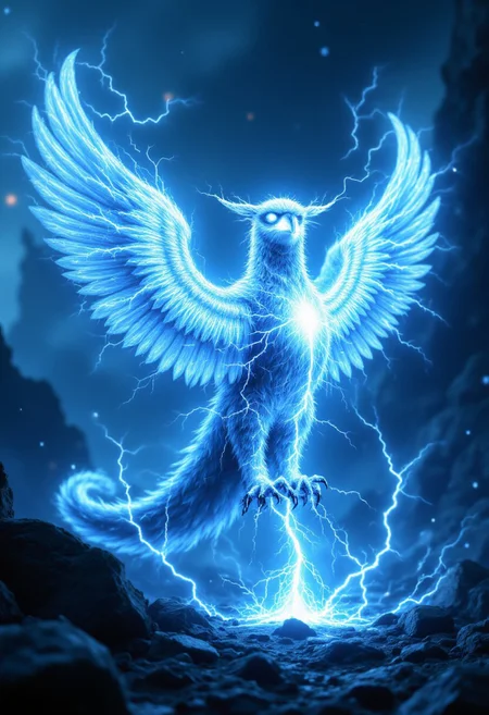 An epic lightning-infused gryphon stands regally in an ethereal, mystical landscape, its majestic form shimmering with swirling, electrical energy that crackles and shifts in hues of vibrant blue and shimmering silver. Its feathers and fur are charged with streams of pure lightning power, glowing softly and interspersed with bursts of dazzling sparks. Its massive wings, a blend of eagle and stormy essence, are translucent and etched with glowing silver runes that flicker and shift, leaving trails of crackling lightning symbols and cascading arcs of electric light as they extend wide. The gryphon's sharp eyes blaze with a piercing brilliance, like twin bolts of lightning imbued with celestial energy, and its talons and paws leave glowing arcs of silver electricity on the ground beneath, which fade into a soft, shimmering glow. The surrounding environment is alive with the gryphon’s storm-charged aura, with floating, glowing crystals and swirling, cobalt-hued mists illuminated by flashes of lightning. This mythical creature exudes raw power, elegance, and a transcendent energy, as though it were born from the very essence of the stormy skies