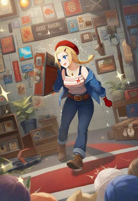 score_9,score_8_up,score_7_up,score_6_up,score_5_up,1girl, score_4_up,source_streetfighter,source_anime,source_game, (cammy_white),street_fighter,blonde_hair,blue_eyes,glowing eyes,cammy white,yrnwrld,tall woman,british flag print,ahoge, short hair,(slit pupils),(bandaged arm),(pale skin),curvy,frown, smile,big eyes,clenching fists,(tongue),wide hips,thick thighs, thick legs,narrow waist,(tattoos:1.4),(tattoo),hairclip,(earrings), red gloves,red beret,hair_ornament,red beret,long braid,cute, (dark blue pants),flag print shirt,blue jacket,long sleeves,gold necklace,backpack,bag,brown belt,gun case,holding cassette, long shirt,red rug,museum,glimmer,artistic paintings,big plant pot,(tiles:1.4),lamps on the wall,wooden wall,exit sign,posters, (sparkles:1.4),neon lights,brochures,(wooden showcase),(hand sign),shiny skin,dynamic pose,indoors,(motion lines:1.4),(thick outlines:1.4),(trembling lines:1.4),sweat,jewelry,steam,(steamy breath),(spoken kitty cat),(bullet belt),((weapons)),(television), masterpiece,best_quality,newest,absurdres,best shadow,light particles,highly detailed background,amazing quality,highly detailed_skin,very_detailed_clothes,power_lines,speed lines, emphasis_lines,very_aesthetic,dynamic_angle,high quality,4k, best shadow,<lora:add-detail-xl:1.5>
