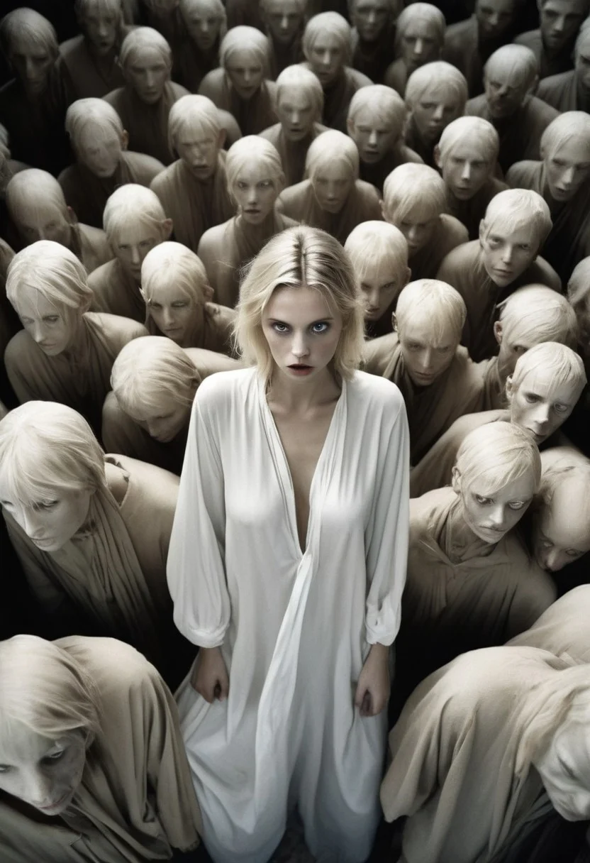 (Soft Lighting Photography by Mimoza Veliu and Mario Giacomelli:1.2), NSFW,
fine art photo inspired by Roger Ballen depicts a blonde woman dressed in white attire is lost in a crowded nightmarish labyrinthine maze. sexy, dynamic poses,looking at viewers