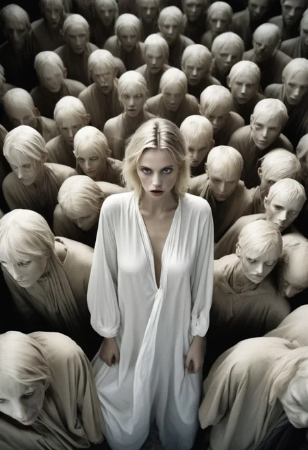 (Soft Lighting Photography by Mimoza Veliu and Mario Giacomelli:1.2), NSFW,
fine art photo inspired by Roger Ballen depicts a blonde woman dressed in white attire is lost in a crowded nightmarish labyrinthine maze. sexy, dynamic poses,looking at viewers