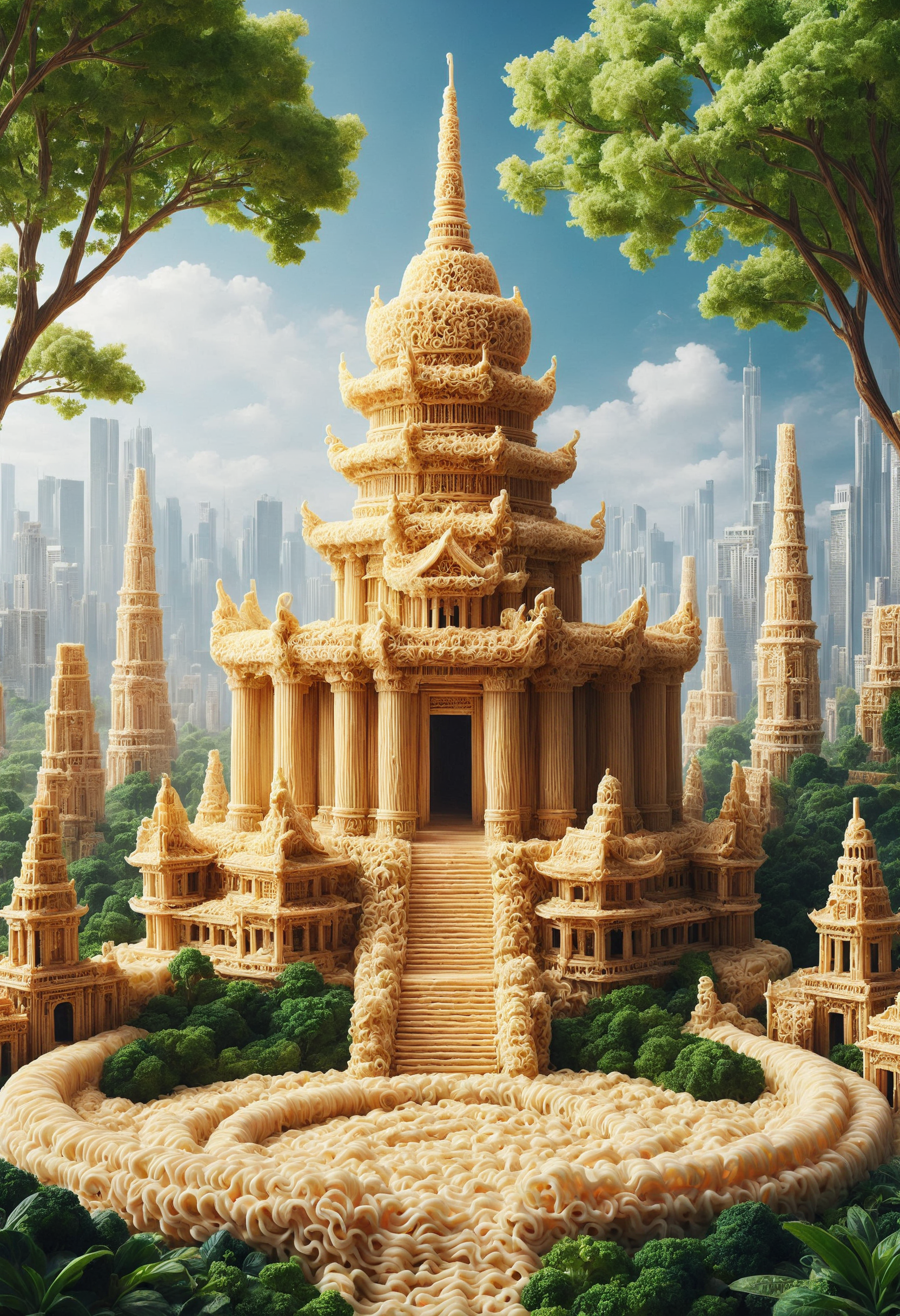 urban landscape with a temple, made out of noodles, <lora:PinkieNdlsSDXL:1>, p1nkn00dles,