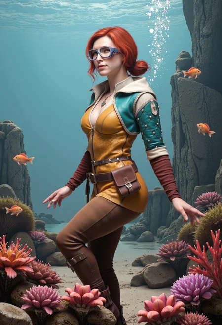 Photorealistic image of Triss Merigold scouting the depths of the ocean as a snorkeler.
She dons a scubadiving suit and she's swimming slowly to look at the fishes all around her.