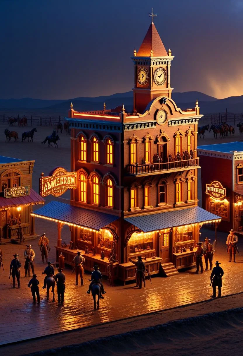 ispzxll, diorama, isometric, miniature, volumetric lighting style, intricate details, old west, americain frontier, wild west, western town, horse stand, saloon, clock tower, dirt roads, crowds, mud, dynamic frame, long shadows, golden hour, epic, rainstorm on horizon