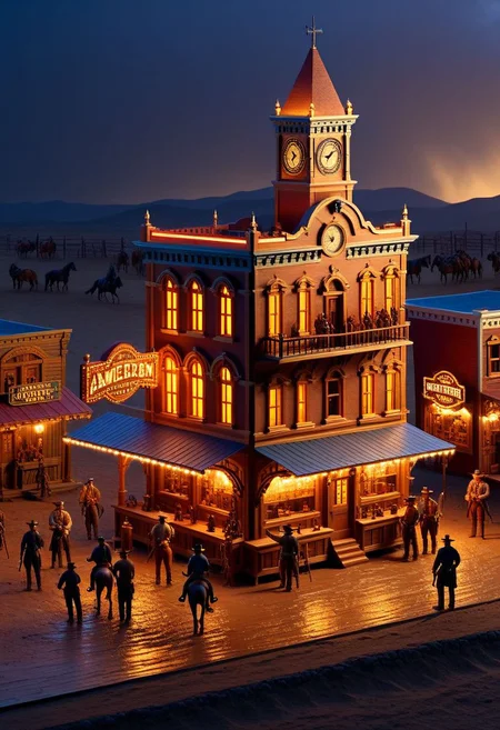 ispzxll, diorama, isometric, miniature, volumetric lighting style, intricate details, old west, americain frontier, wild west, western town, horse stand, saloon, clock tower, dirt roads, crowds, mud, dynamic frame, long shadows, golden hour, epic, rainstorm on horizon