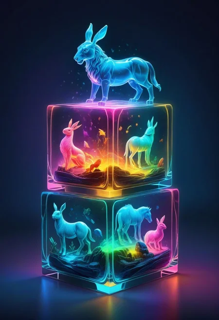 colorful translucent mable cube stack,carved with animals, lion,horse, rabbit,bird,squalo, glowing,Fantasy illustration style, transports viewers to imaginative worlds, epic landscape, and heroic adventures, sparks wonder and inspiration, neon_style