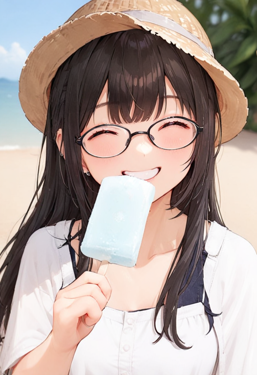masterpiece, best quality, very aesthetic, absurdres,
garigarikun, 1girl, solo, glasses, straw hat, sundress, black hair, long hair, holding food, holding, happy, smile, food, eating, upper body, blurry background, 
 <lora:garigarikun_SDXL_V1:1>