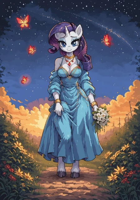 <lora:d3p1x3lXLP:1> d3p1x3l, pixel art, score_9, score_8_up, score_7_up, source_pixel, screencap, solo BREAK 1girl, Rarity, anthro, unicorn, Rarity, breasts, hourglass body, tail BREAK (holding bouquet flower:1.3), shy smile, hooves, blue dress, jewelry, (red ruby necklace) BREAK spring, nature, forest in the distance, sunset, tall grass, (night), (starry sky:1.3), (glowing butterflies:1.3) BREAK sharp focus, perfect lighting, anatomically correct, extremely detailed, high detail, detailed background, OverallDetail, zPDXL3