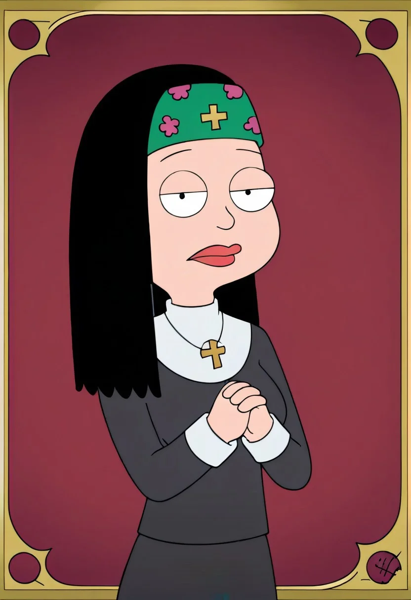 hayley, black hair, 1 girl, alone, long hair, looking at viewer, bored face, rosary necklace, red lips, nun's clothes, dressed as a nun, big breasts, hands together praying, upper body, tarot\ (medium\ ), card \(medium\), embellished border