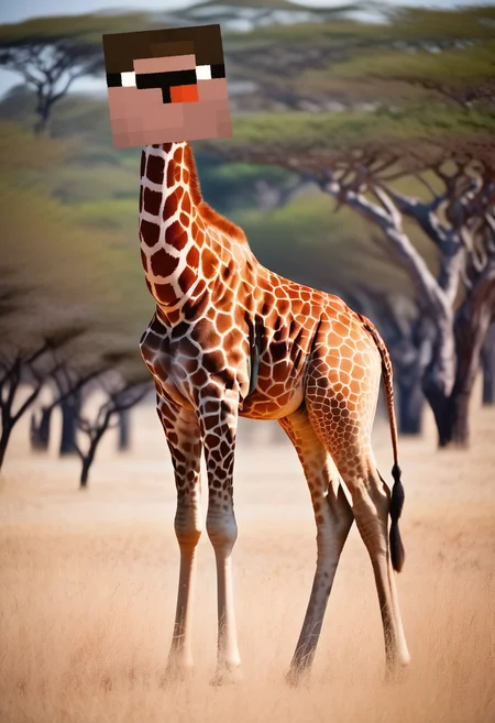 a giraffe in a savannah, square head<lora:sendnoobs-sdxl-adam-e:1>