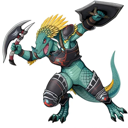 lizardman sc3, lizardman, reptile, scalie, anthro, furry, greenish teal scales, greenish cyan scales, yellow feathers, red eyes, black claws, 5 fingers, 3 toes, axe, weapon, armor, solo, open mouth, white background, shield, simple background, scales, tail, sharp teeth, holding, teeth, breastplate, shoulder armor, knee armor, black armor, grey armor, charging, action pose, warrior, male, featureless crotch, masterpiece, ultra detailed, high quality, very aesthetic, 4k, newest