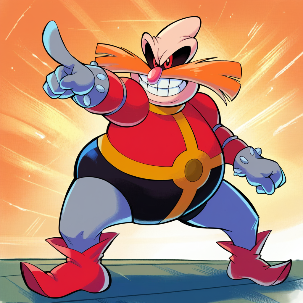 zPDXL, score_9_up, score_8_up, score_7_up, best quality, soft shading:1.4, masterpiece, source_anime, (orange background, speed lines), BREAK 1boy, solo, dr_robotnik_(\aosth\), bald, red eyes, orange mustache, pink nose, fat, red shirt, black pants, grey gloves, grey socks, red boots, action pose, pointing, smile, standing,  <lora:PDXL_Robotnik_AOSTH:1>
