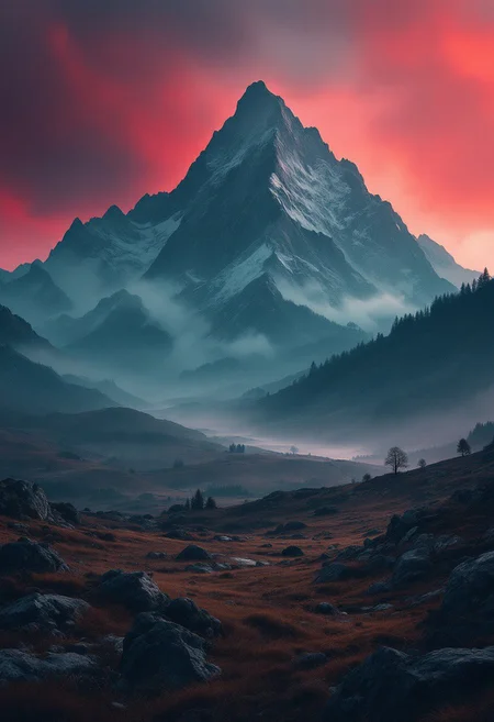 A majestic mountain range rises from the horizon, shrouded in a mystical fog that's infused with hints of indigo and slate. The sky above is a deep, foreboding crimson, as if painted by the brushstrokes of a master artist. The landscape stretches out to infinity, with every rock, tree, and blade of grass rendered in exquisite detail, bathed in the warm glow of cinematic lighting that's equal parts haunting and hypnotic.