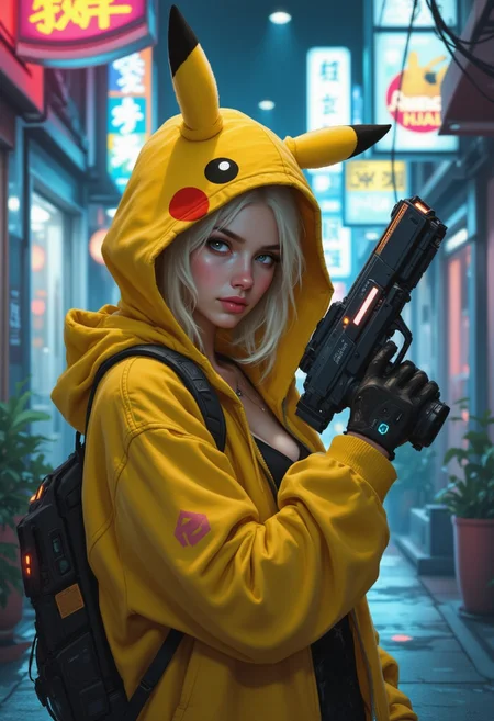 OBxiaoxiang, A digital painting in the style of ck-js, closeup side-portrait of a stunning chinese cyberpunk woman, wearing a pikachu hoodie, blonde hair peeking our from the hood, holding a futuristic blaster pistol, on a neon-lit cyberpunk alley