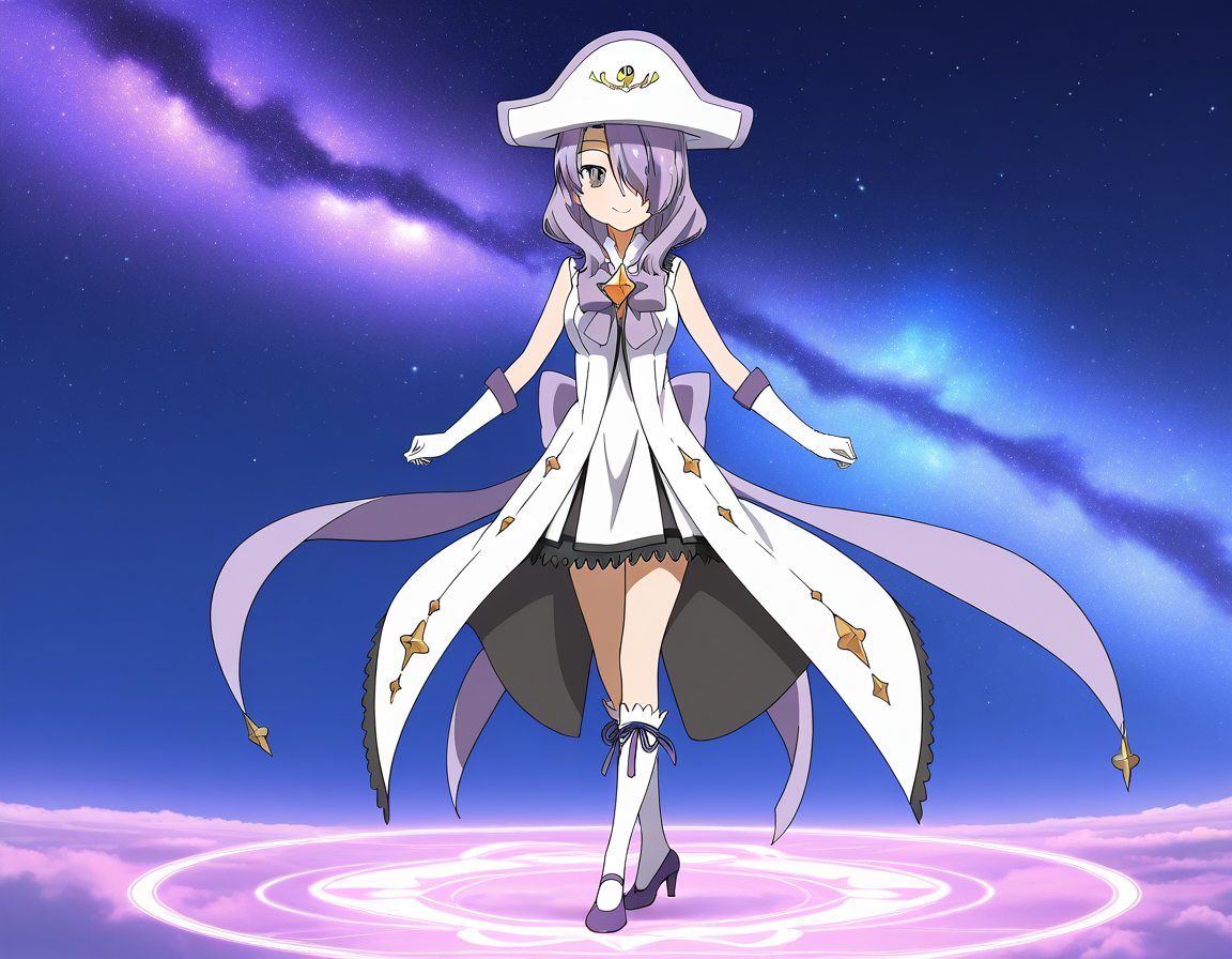 general,highres, ultra-detailed,very aesthetic,best quality ,best hands,  BREAK <lora:Nanako_Houkago_no_Pleiades_IS:1>Nanako(Pleiades), 1girl, purple hair, hair over one eye, purple eyes, long hair, breasts, anime coloring, Nanako(Pleiades), hat, witch   solo, gloves, white hat, smile, pause, dress,  grey eyes, bow, purple footwear, white dress, purple ribbon, napoleon hat,
looking at viewer, white gloves, kneehighs, socks, high heels, star (symbol), standing, purple bow, sleeveless, medium hair, magical girl,
galaxy, sky,