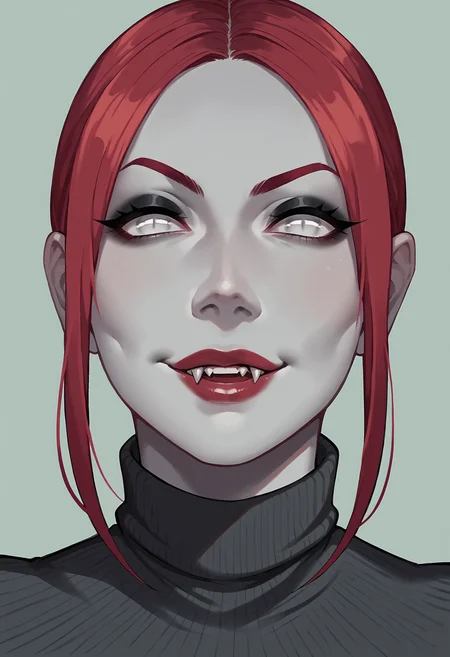 score_9, score_8_up, score_8, source_anime, 1girl, <lora:VelvetVelour:0.95> solo, colored skin, gray skin, red hair, portrait, face focus, close up, white eyes, fangs, lipstick, black eyeshadow, turtleneck, smile,
simple background, light blue background,