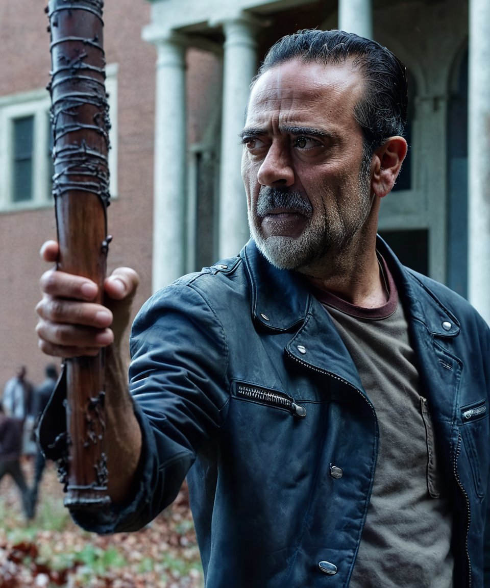 cinematic head and shoulder portrait,TWDNegan,flustered,arm_cannon,church,perfect hands,perfect eyes,high quality photography,cinematic composition,film grain,mirrorless camera,4k textures,4k resolution,The Walking Dead,<lora:TWDNegan:1>,