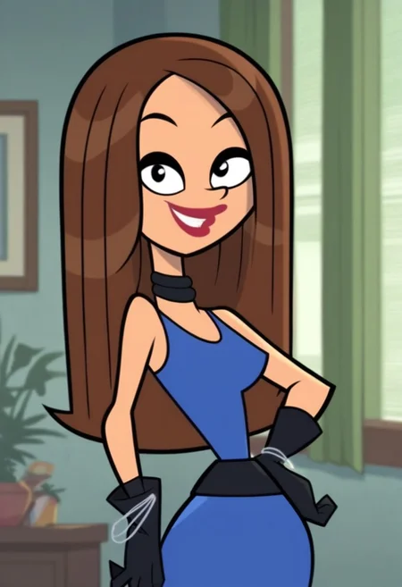 score_9, score_8_up, score_7_up, 1girl, solo, 4pril, brown hair, choker, lipstick, blue dress, belt, gloves, looking at viewer, smile, hand on own hip, indoors, cowboy shot