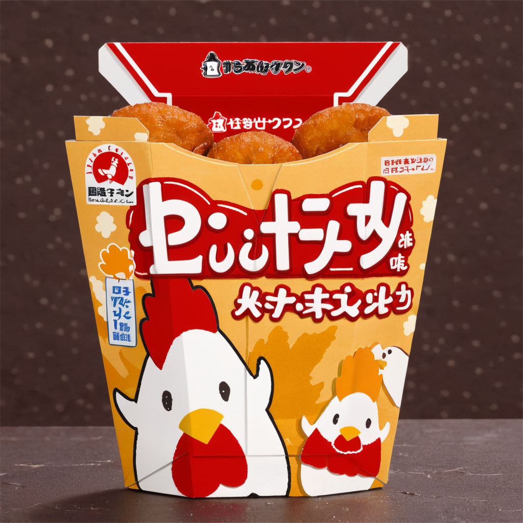 A photorealistic image of a box of delicious chicken nuggets with a cute chick illustration on the exterior. The chicken nuggets inside should be golden brown, crispy on the outside, and tender on the inside. The chick illustration should be playful and appealing, possibly showcasing a happy, cartoonish chick. The setting should be on a dining table, with perhaps a soft drink or side dish in the background. The lighting should highlight the texture and color of the chicken nuggets, making them look appetizing, while also emphasizing the cute design on the box. , <lora:lawsonkara:0.75>,((bagkara))
