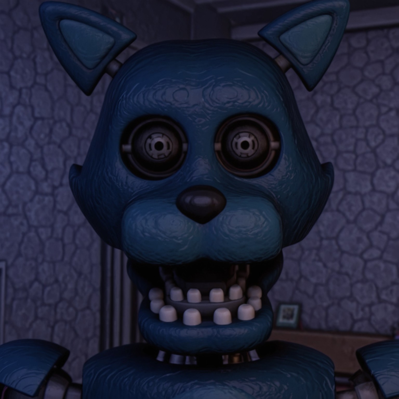 2d, solo, Oldcandy, animatronic, humanoid robot, dark blue body, gray feet, cat ears, animal ears, feline, joints, black nose, mechanical eyes,

BREAK face focus, close up, horror (theme), dark environment, indoors, looking at viewer 

BREAK best quality, amazing quality, very aesthetic, absurdres, newest