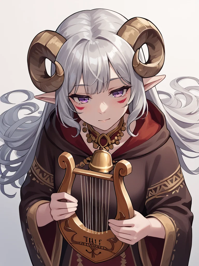 <lora:lyre_r1:0.8> lyre, greek_lyre, holding_instrument, looking at viwer,from above ,
<lora:whisker_markings:0.8>red whisker_markings
, source_furry, score_7_up, rating_safe, cowboy shot, gold necklace, tiefing, short pointed ears, brown horns, (a pair of brown sheep Horns that begin at her temples and curve back: 1.5), bangs, long silver hair long wavy hair, pale skin, ,short pointy ears, purple eyes, <lora:age_slider_v4:0.6> medium breasts, skinny female, close up, silver hair, <lora:Tieflingnew weird fantasyDND:0.3> Tiefling, pointed ears, horns, half-closed eyes<lora:Smooth Style 2 SDXL_LoRA_Pony Diffusion V6 XL:0.5> bell, robe, hood off,