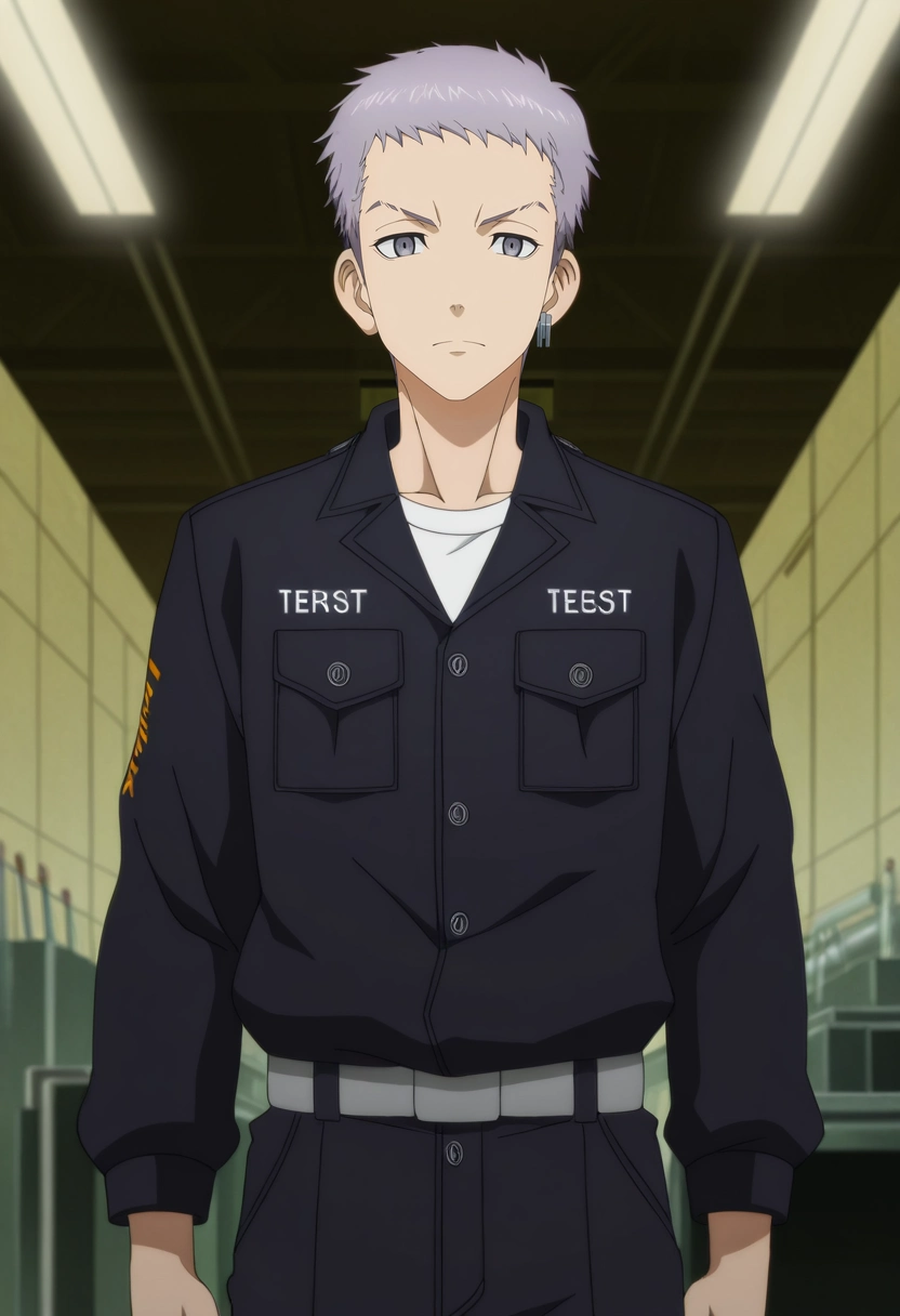 masterpiece, best quality, anime screencap, official style, anime coloring, cowboy shot, 1boy, solo, male focus, <lora:takashi_mitsuya_ilxl:0.98>, takashi_mitsuya, grey hair, grey eyes, short hair, , white shirt, black jacket, tech workshop, robot parts, tool benches, testing areas, building pose, focused expression, workshop lighting,