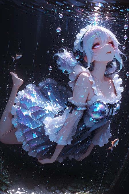 girl,black and white frilly dress, frilly headband, pigtails, underwater, night, sinking, bubbles all around, many bubbles,barefoot,fish, deep, fisheye, happy,masterpiece,best quality,amazing quality,very aesthetic,highly_aesthetic,high resolution,high_detail,ultra-detailed,absurdres,newest,film grain (masterpiece),748cmstyle,7481llu,backlighting,Cinematic Lighting,Volumetric Lighting,rim light, dappled light, light and shadow contrast,eyesHD, high gradient eyes, detailed eyes, high definition eyes,iridescent aesthetic, ethereal glow, dreamy fantasy, holographic shimmer, celestial radiance, pastel opalescence, soft luminous hues, translucent light, pearlescent reflection,