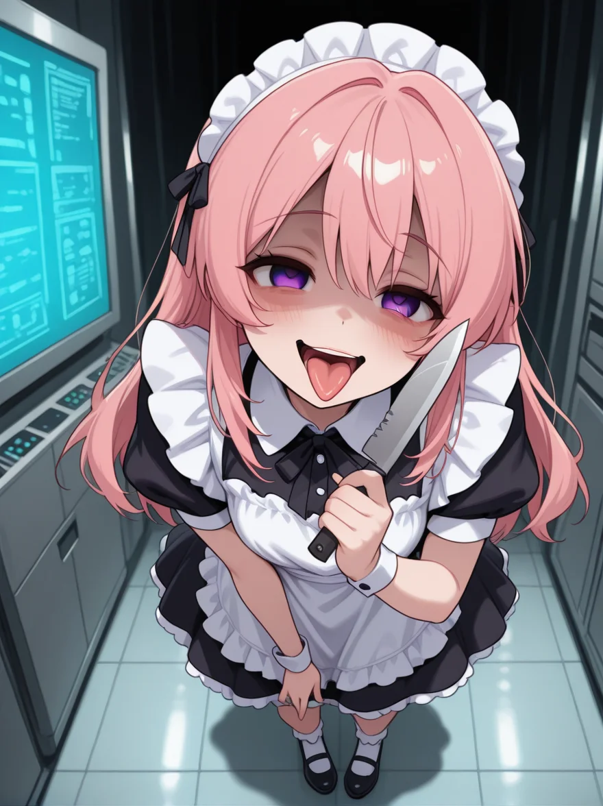 high quality, full body, <lora:CivChan:1> civchan, yandere, server, tongue out, holding knife,