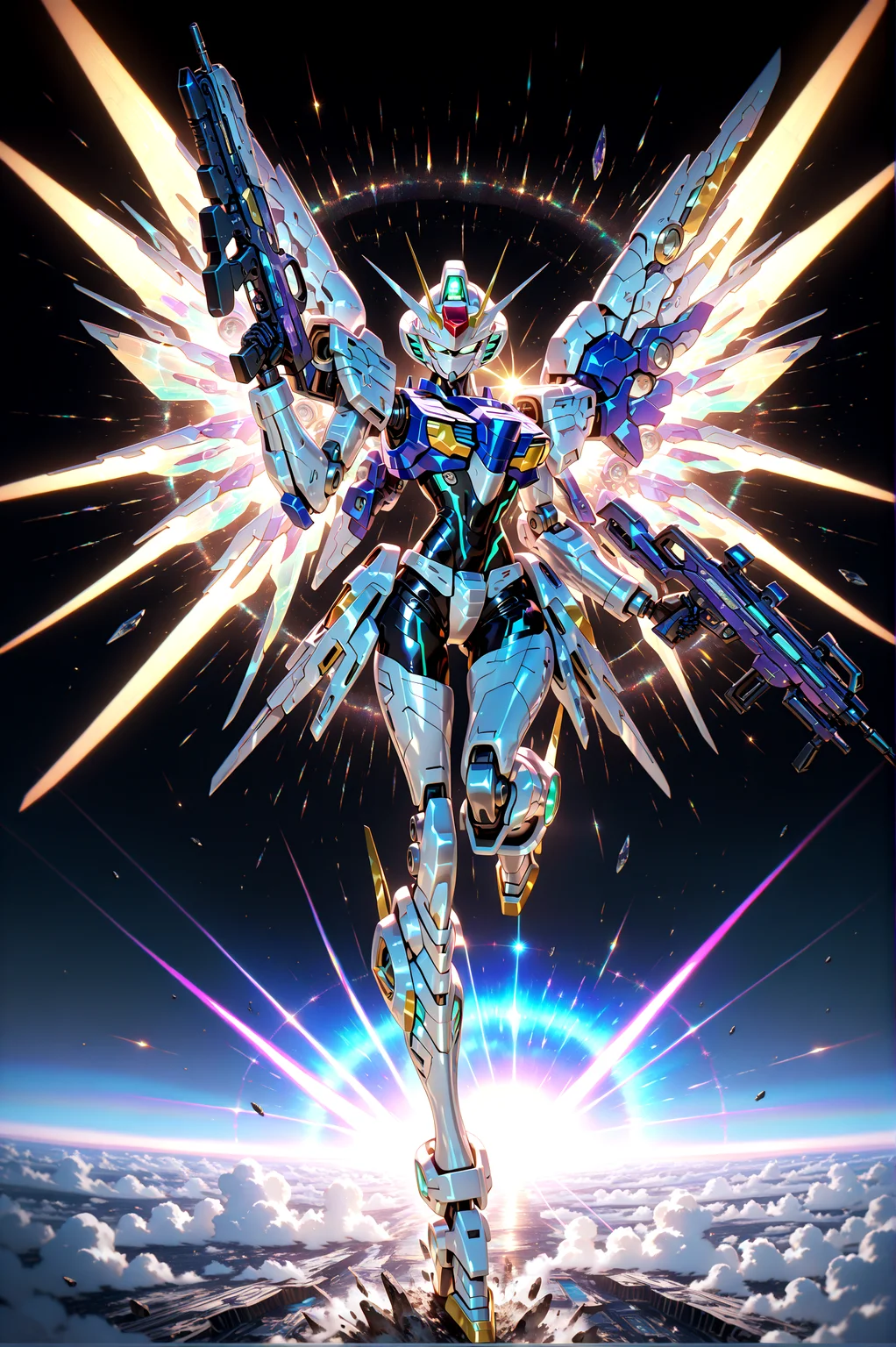 masterpiece, best quality, amazing quality, very aesthetic, absurdres, newest,
mecha wings, robot v-fin science_fiction beam rifle aiming, leg up full body
stars galaxy universe spacecraft,
{{best_quality}},{{amazing_quality,very_aesthetic}},
masterpiece, best quality, amazing quality, very aesthetic, absurdres, newest, volumetric lighting, <lora:spo_sdxl_10ep_4k-data_lora_webui:1.0> <lora:il_color_temp_slider_d1:1> <lora:holographiccolor:1>