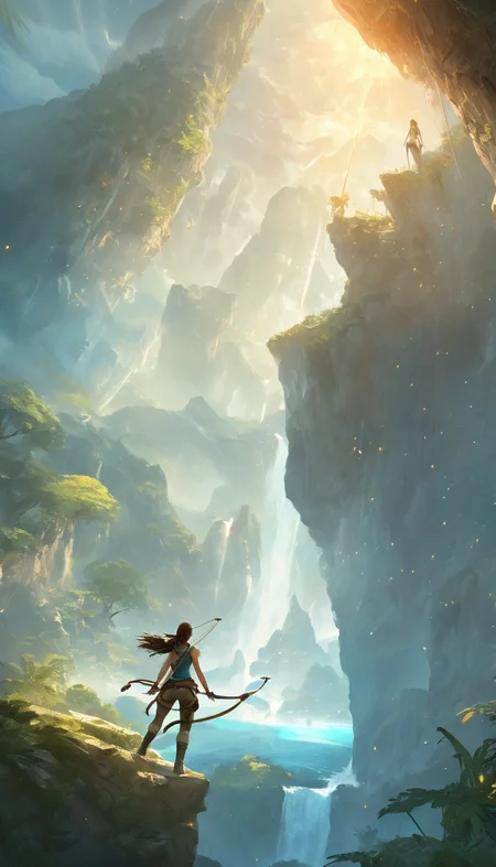 ethereal fantasy concept art of Cinematic scene, hero view, Lara Croft <lora:lara_croft_xl_v2:1>, action pose, detailed background, masterpiece, best quality, high quality, highres, absurdres . magnificent, celestial, ethereal, painterly, epic, majestic, magical, fantasy art, cover art, dreamy
