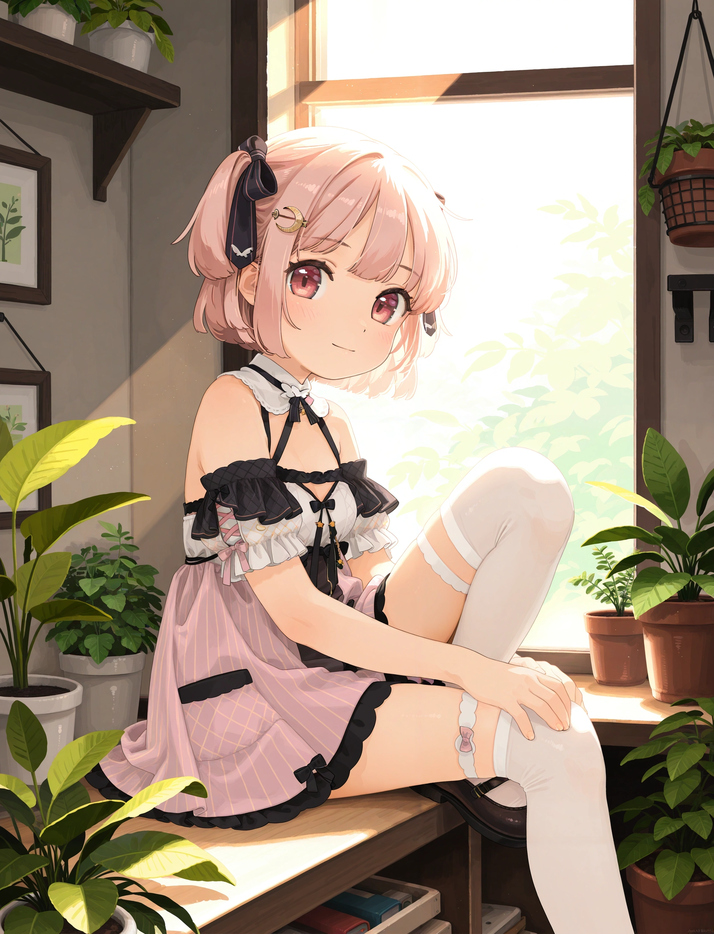 1girl,
lemonleaf, crescent hair ornament, two side up, detached sleeves, short sleeves, (pink:1.1) hair,
loaded interior, sunlight, potted plant,
knee up, sitting, looking at viewer, thighhighs, smile
xilmo, akai sashimi,
masterpiece, very awa
<lora:char_lemonleaf-ill-v1.1:1>