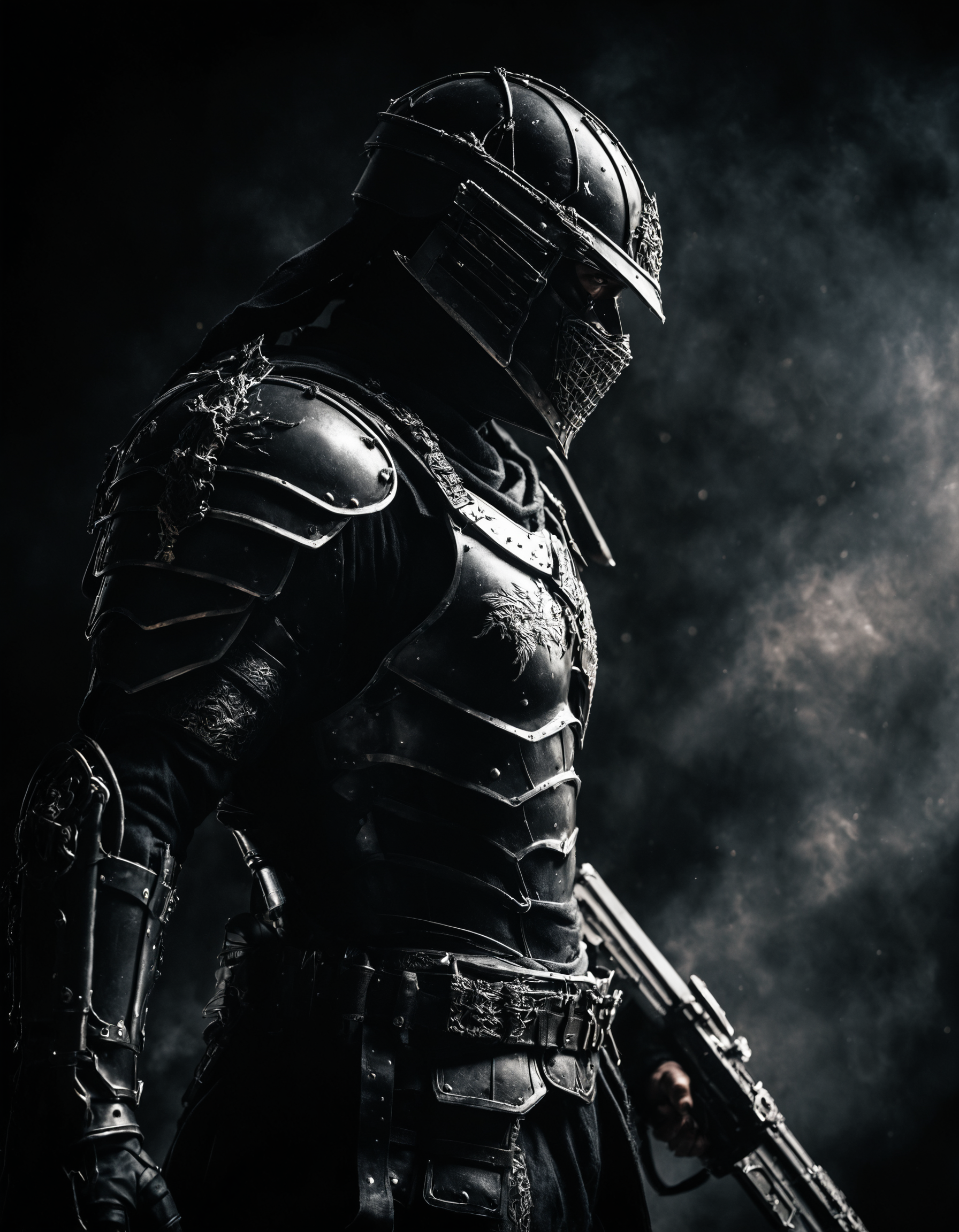 Dark, foreboding figure in full battle gear, with shadows playing across their face, in a realistic environment.
Side profile shot, showing the armor and the figureâs stance.
Fine detail enhancement, Ultra-high contrast, Realistic depth of field