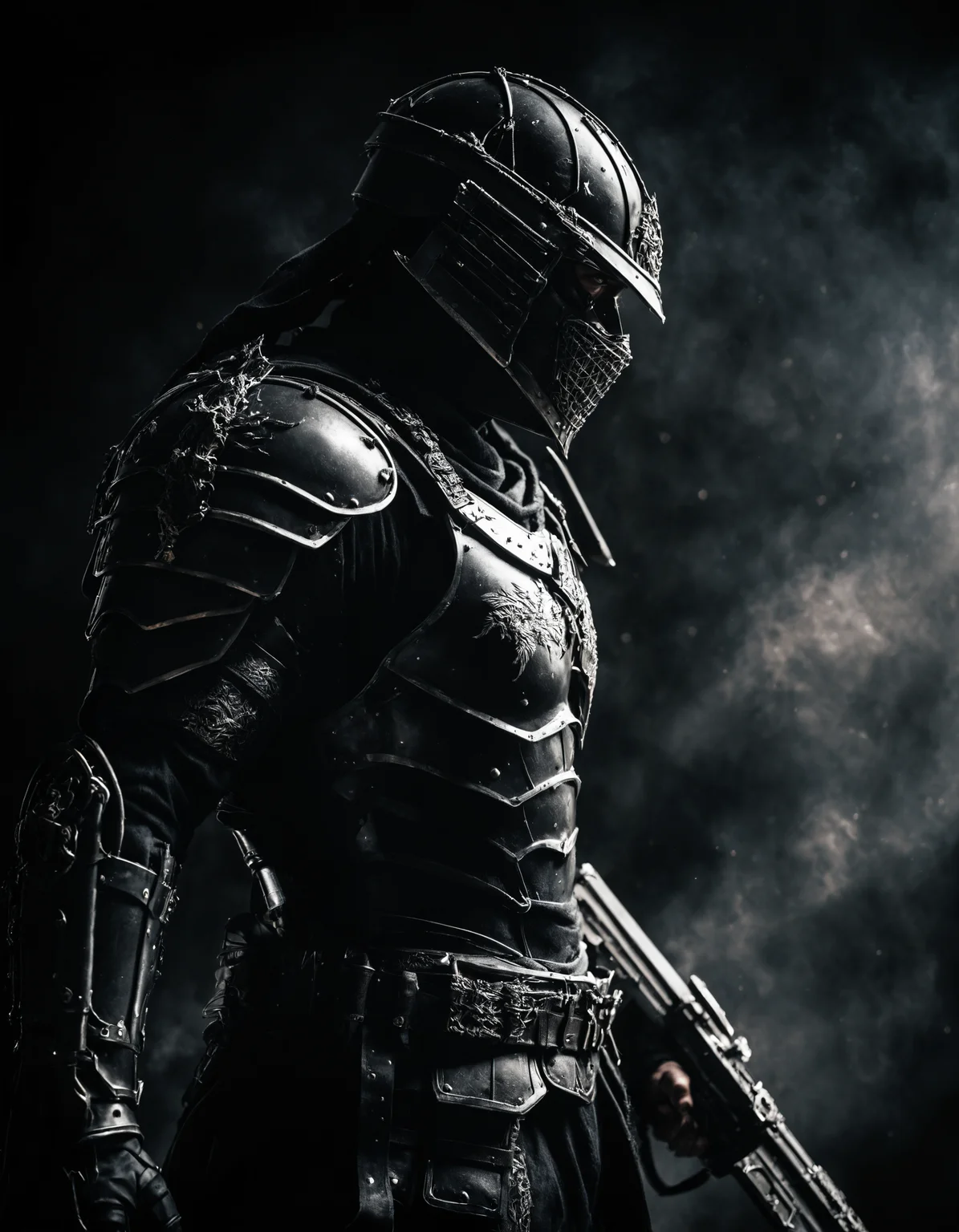 Dark, foreboding figure in full battle gear, with shadows playing across their face, in a realistic environment.
Side profile shot, showing the armor and the figureâs stance.
Fine detail enhancement, Ultra-high contrast, Realistic depth of field