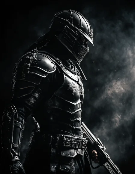 Dark, foreboding figure in full battle gear, with shadows playing across their face, in a realistic environment.
Side profile shot, showing the armor and the figureâs stance.
Fine detail enhancement, Ultra-high contrast, Realistic depth of field