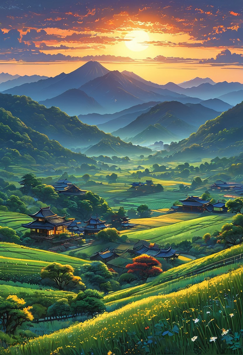A captivating night scene illustration the Japanese Countryside This enchanting artwork captures a serene and peaceful early morning, where the sun is just starting to rise over the beautiful hills and, creating a cinematic experience 
 illustration, cinematic
<lora:DonM3t3rn1tyXL-v1.1:0.7>, DonM3t3rn1tyXL,
OverallDetailXL  <lora:MJ52:0.3>  <lora:SDXLFaeTastic2400:0.4>  <lora:EpicF4nta5yXL:0.7>