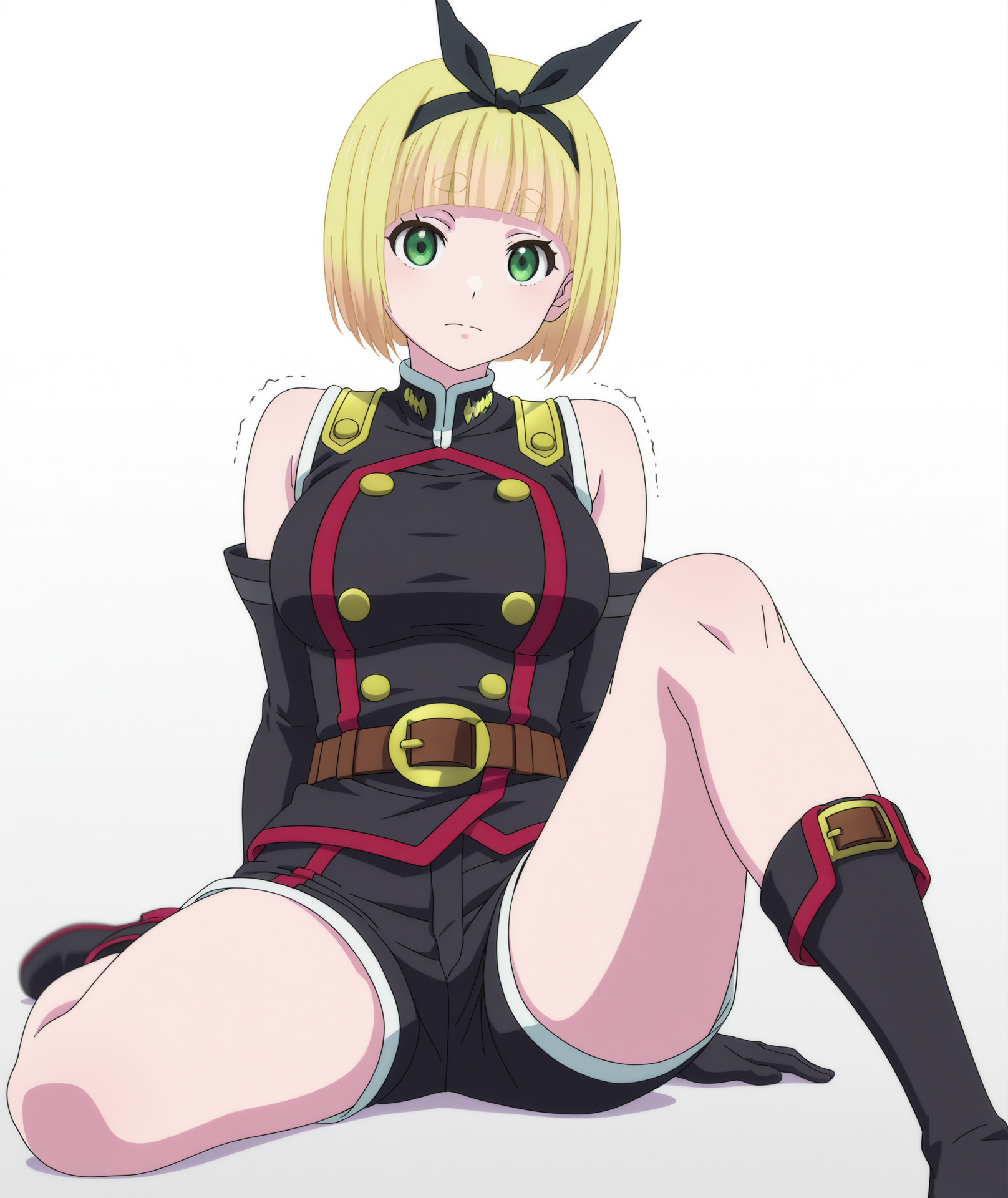 official art, absurdres, highres, anime coloring, hi res, best quality, masterpiece, 2d, intricate details, 4k,
1girl, solo, long hair, short hair, bangs, blunt bangs, blonde hair, green eyes, hairband, black hairband, 
breasts, medium breasts, double-breasted, gloves, shorts, sleeveless, black gloves, elbow gloves, belt, black shorts, buttons, 
full body, looking at viewer, wariza, trembling, spread legs, m legs, 
depth of field, white background, gradient background, mato seihei no slave, shushu suruga, <lora:Shushu_Suruga_ILXL:1>,