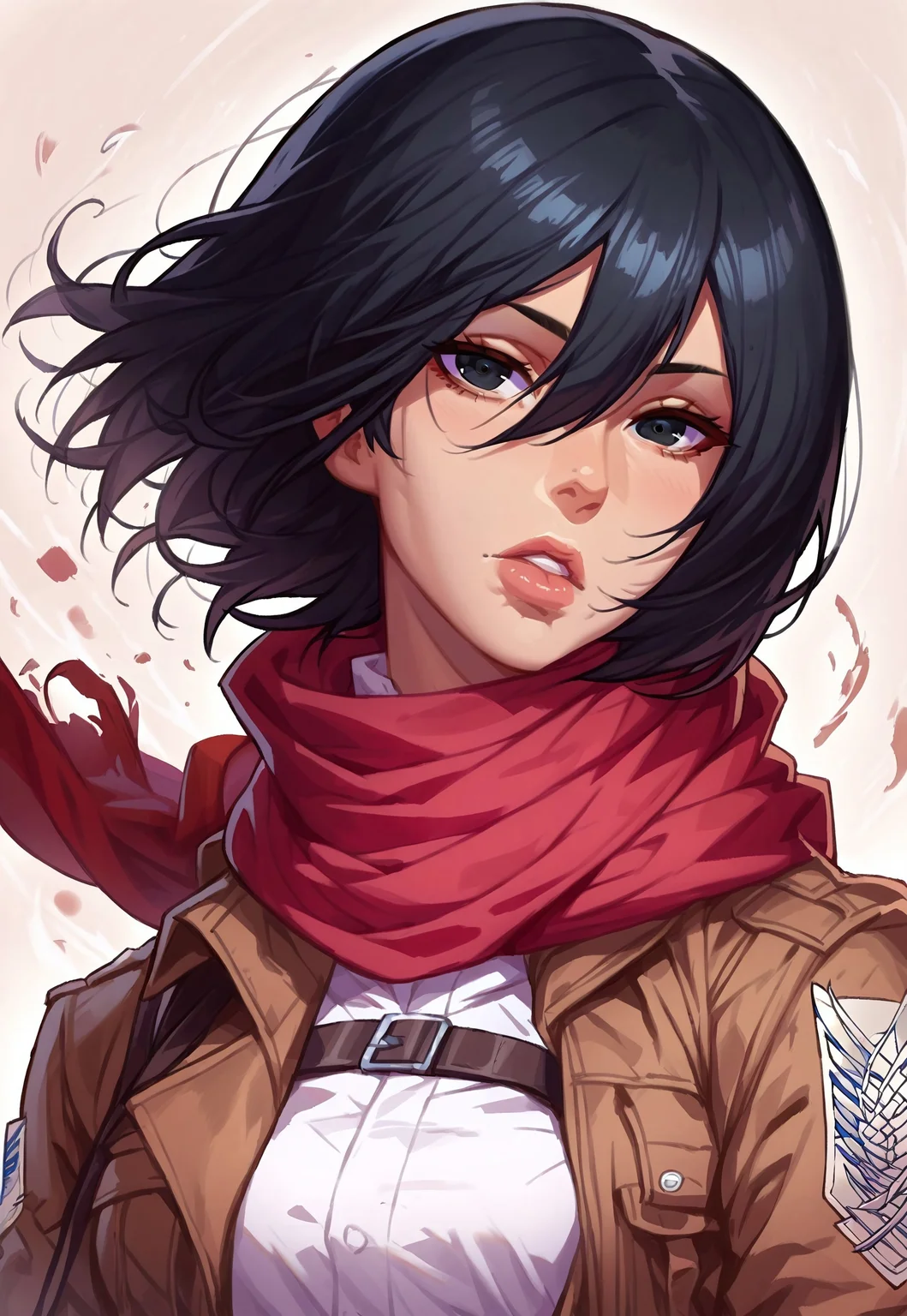 score_9, score_8_up, score_7_up, sinozick style, t4s14, 1ly4, 1girl, mikasa ackerman, black eyes, black hair, short hair, white shirt, thigh strap, open cropped brown jacket, red scarf, survey corps \(emblem\), wind, bust portrait, parted lips, looking at viewer