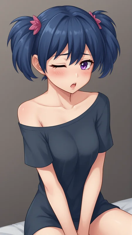 score_9, score_8_up, score_7_up, BREAK source_anime, best quality, masterpiece, ultra detailed,
<lora:Everlasting_Summer_Alena_By_GraffMetal:0.8>, alena, purple eyes, short hair, blue hair, twintails, hair ornament, short twintails, 1girl, solo,
blush,
black eyeliner cat eye, piink lips, black short nails,
;o, bare shoulders, off shoulder, one eye closed, open mouth, rubbing eyes, black shirt, black t-shirt, wiping tears, cozy, sleepy,