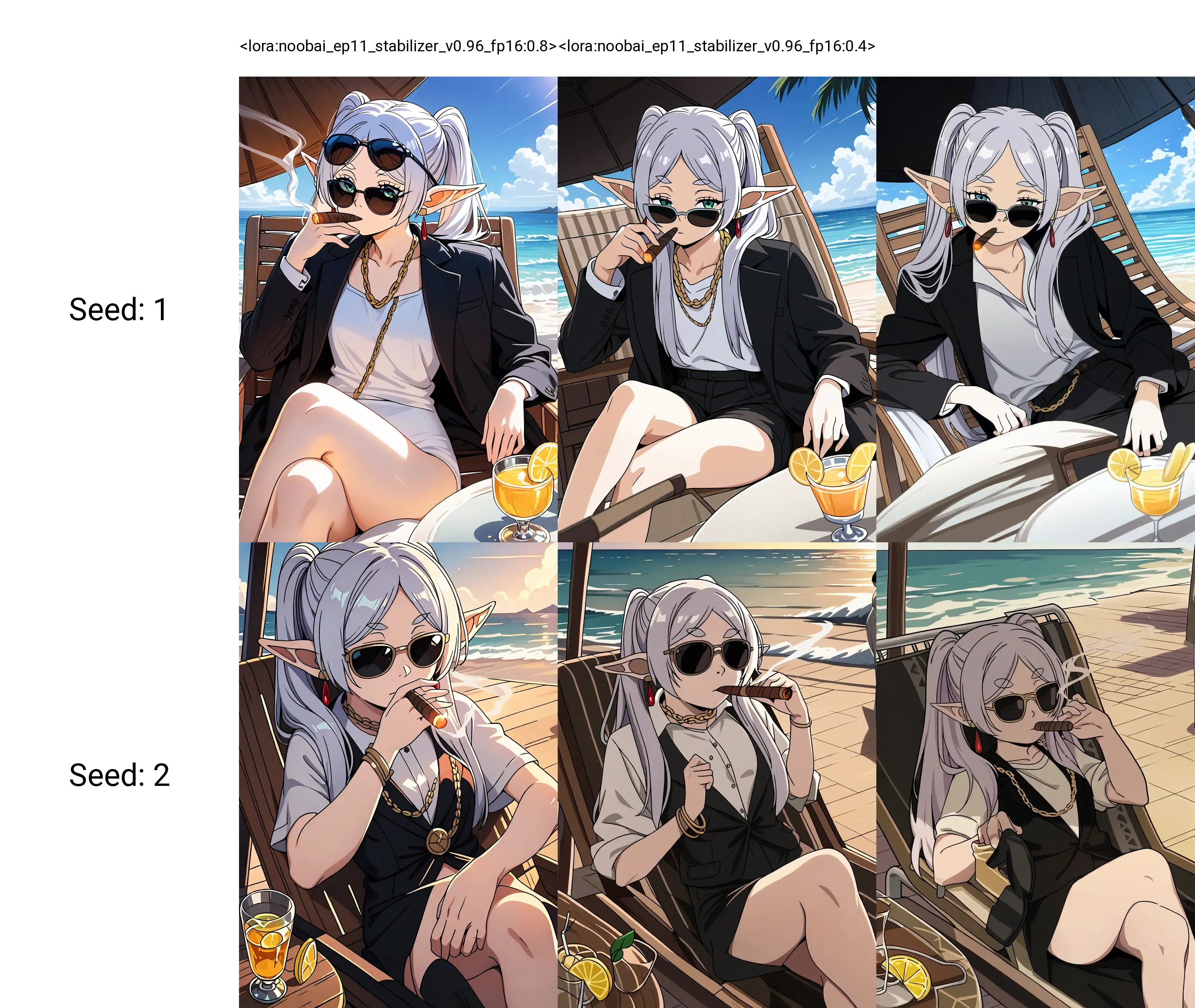 <lora:noobai_ep11_stabilizer_v0.96_fp16:0.8>1girl,frieren,white hair,sunglasses,lounge chair,black suit,shirt,lemon slice,ocean,gold chain,cigar,masterpiece,smoking,