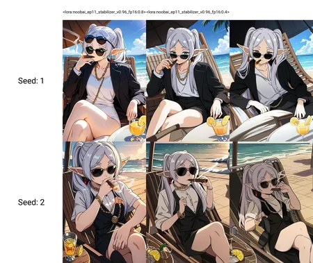 <lora:noobai_ep11_stabilizer_v0.96_fp16:0.8>1girl,frieren,white hair,sunglasses,lounge chair,black suit,shirt,lemon slice,ocean,gold chain,cigar,masterpiece,smoking,