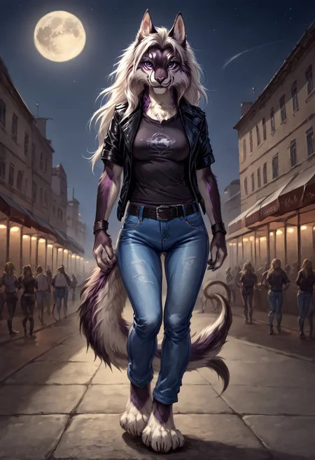 score_9, score_8_up, score_7_up,  ng_deepnegative_v1_75t, by reallynxgirl,  female, ((((anthro)))), 1girl, furry_female, solo, furry, animal_ears, tail, moon, night, purple_eyes, long_hair, medium breasts, smile, animal paws, pawpads, outdoors, claws, looking_at_viewer, snout, cinematic lighting, anime style,  standing, black t-shirt, black leather biker jacket, blue jeans, black belt, silver buckle, 2D, frontal,  front view, detailed background, night, city, empty city, empty street, narrow street, dim lighting