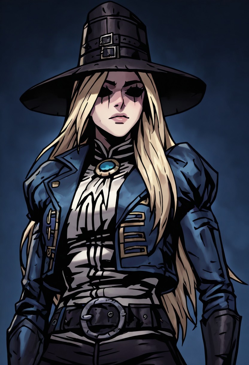 masterpiece, best quality, newest, absurdres, highres, DDstyle, official style, black eyes, shaded eyes, 1girl, GRDD-V1.1, hat, blonde, blonde hair, long hair, leather jacket, jacket,