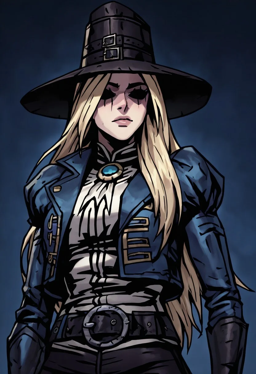masterpiece, best quality, newest, absurdres, highres, DDstyle, official style, black eyes, shaded eyes, 1girl, GRDD-V1.1, hat, blonde, blonde hair, long hair, leather jacket, jacket,