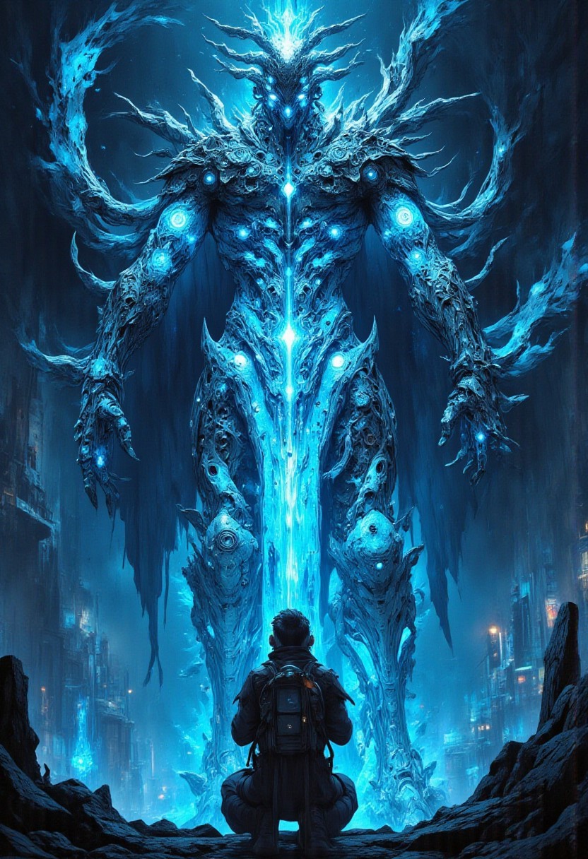 Bosstyle, closeup of a man kneeling in front of a Monster Boss resembling an ethereal three-eyed raven, max details, midjourneyv 6.1