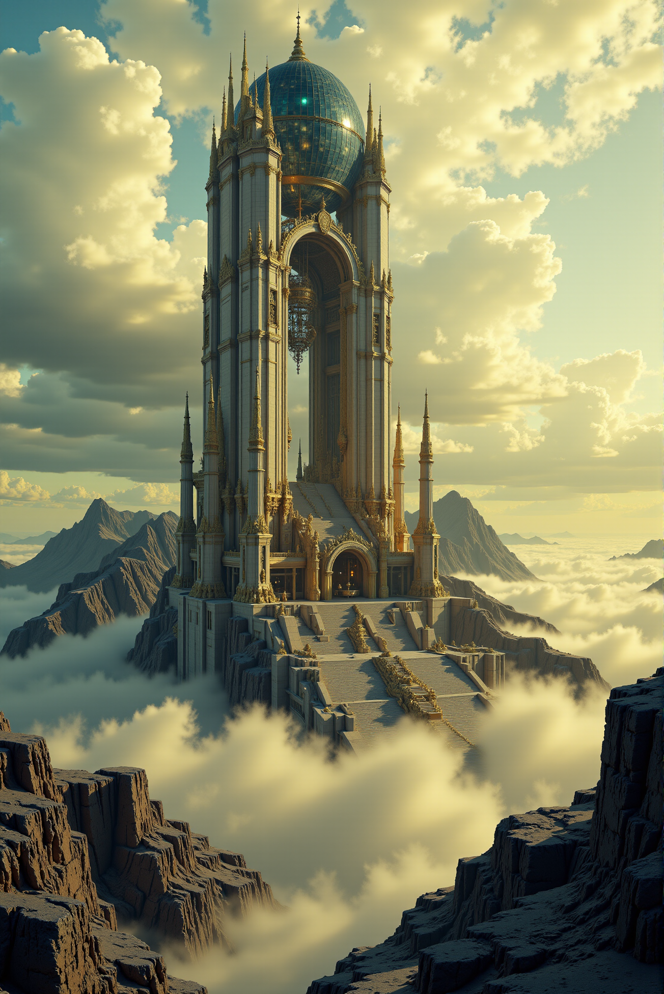 <lora:Legacy_of_the_forerunners_v.2:0.8>
Rising above a cradle of jagged mountain peaks and swirling mist, a grand citadel of vertical elegance commands the sky, crowned with a colossal glass sphere that mirrors the surrounding heavens in glistening, hyperreal clarity. The architectural composition is a majestic synthesis of neoclassical monumentality and futuristic opulence, with towering gold-plated columns forming the cylindrical core, their reflective sheen catching the diffused sunlight that filters through the cloud canopy. Flanking the central structure, a series of elongated spires and vertical fins in pale stone and polished metal ascend in tiered succession, their proportions echoing Gothic revival cathedrals but realized in sleek, seamless materials with Art Deco-inspired detailing. The base of the structure emerges from the rugged granite cliffs like a divine engine embedded into the earth, its foundations partially shrouded by a rolling sea of cloud, creating the illusion of a celestial temple floating in the sky. Light and shadow play dramatically across the vertical surfaces, enhanced by a cinematic golden-hour ambiance, emphasizing the rich textures of stone, metal, and glass. The image is captured from an elevated oblique angle, evoking a sense of awe-inspiring scale and mythic serenity, placing the viewer in a realm where monumental architecture and the sublime forces of nature converge in harmonious transcendence.